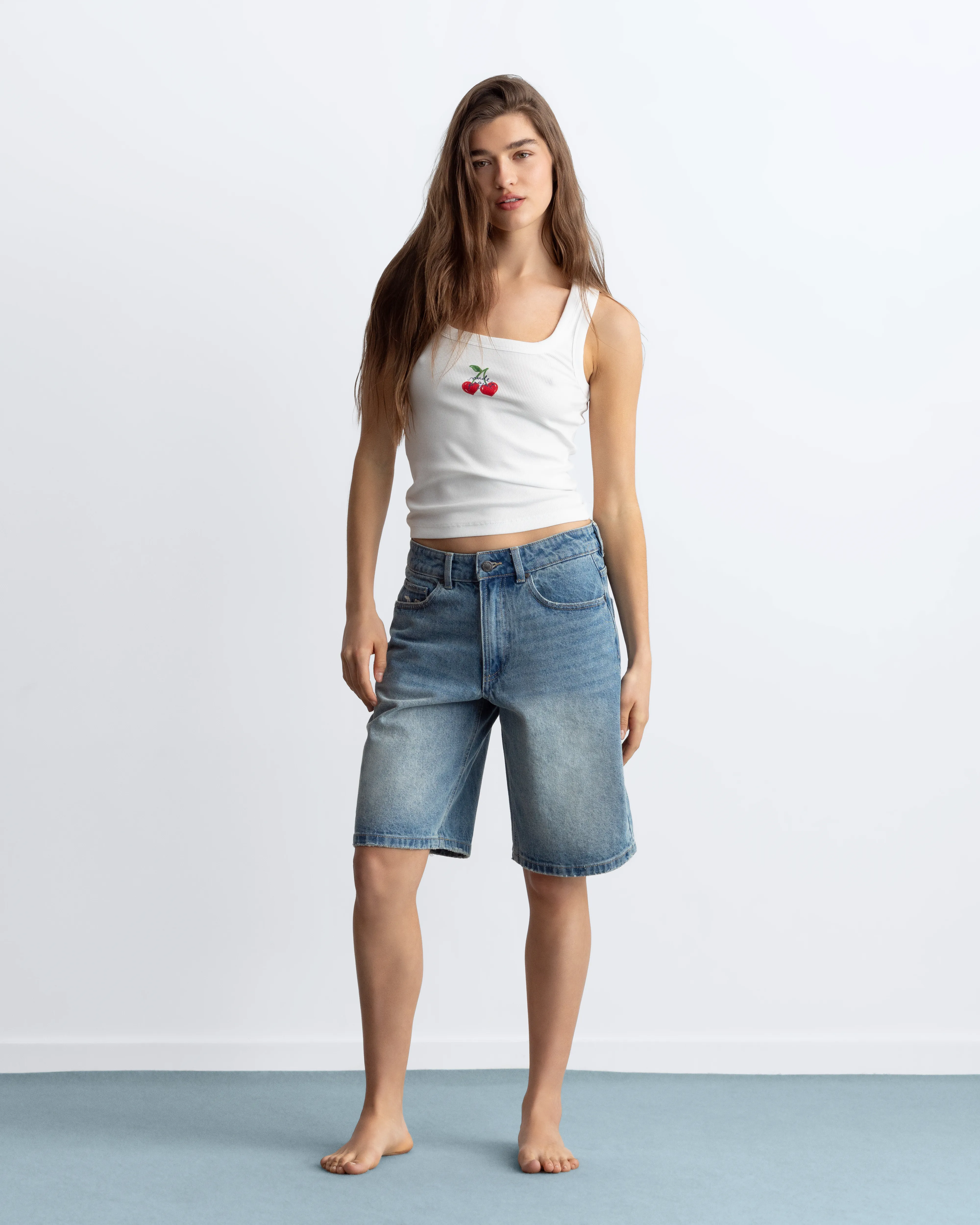 Straight Denim Shorts Medium Blue - Image 11