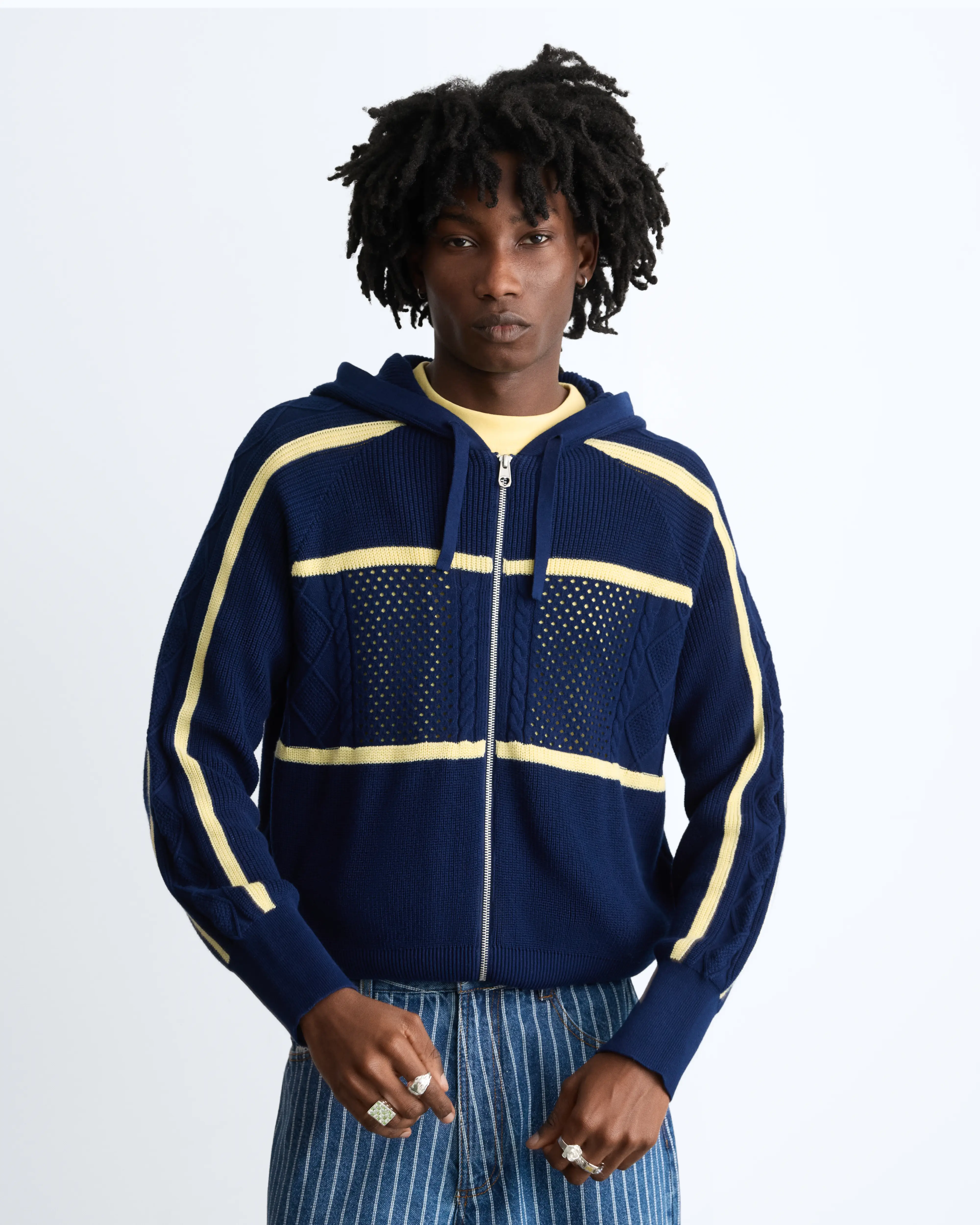 Monk Knit Zip-Up Hoodie Navy - Image 4